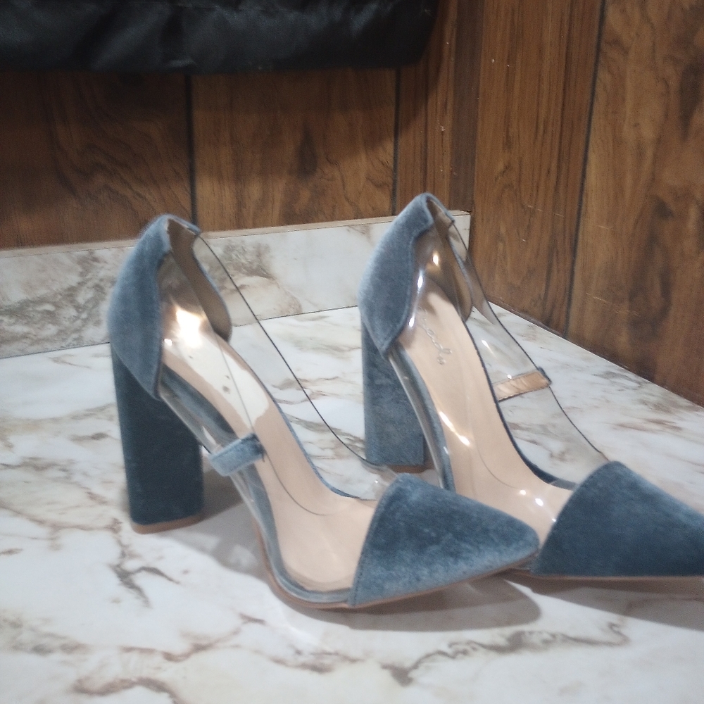 Qupid Blue & Clear Velvet Heels EUC